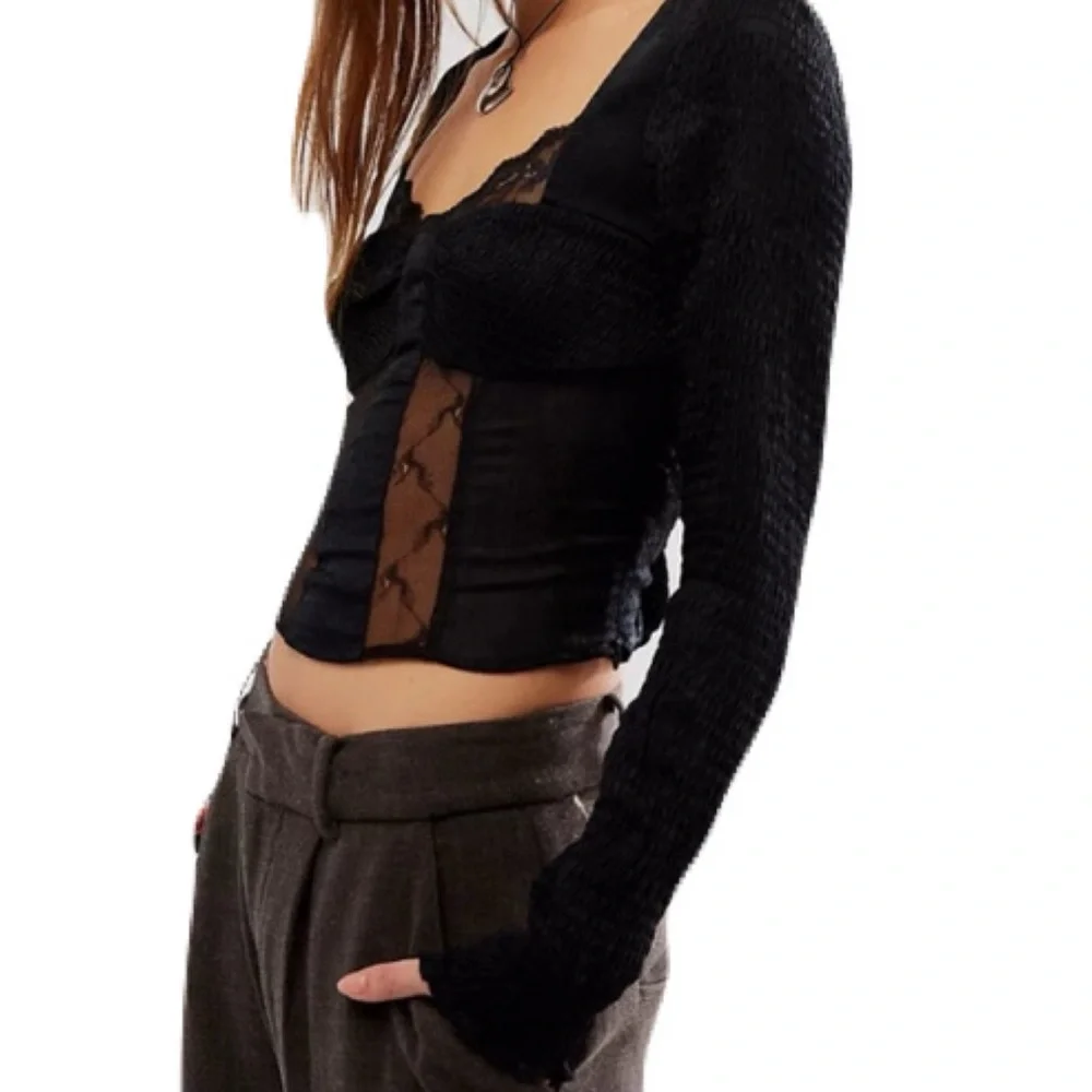 NWT Free People Black Large Long Sleeve Once You Realize Corset Cropped Top